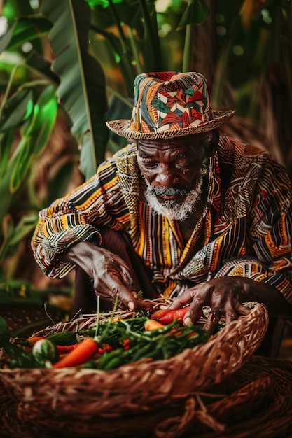 Bezpłatne zdjęcie fotorealistyczni afrykanie zbierają różnorodne warzywa i zboża