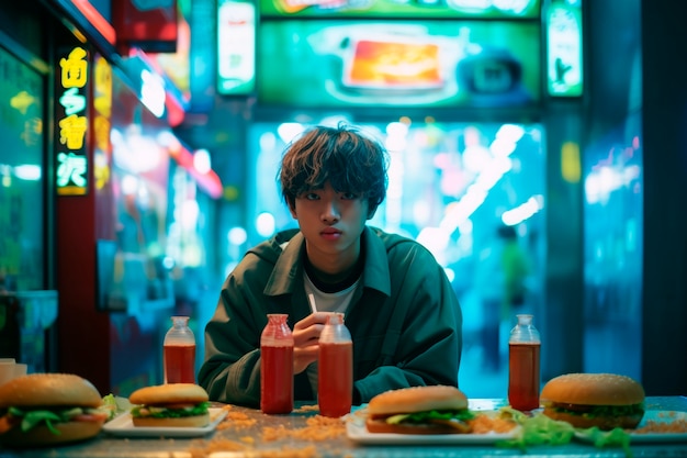Bezpłatne zdjęcie fotorealistyczny azjat z hamburgerem