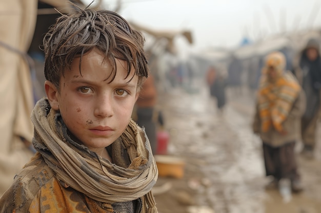 Bezpłatne zdjęcie fotorealistyczny chłopiec w obozie dla uchodźców