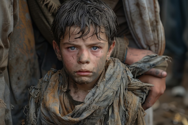 Bezpłatne zdjęcie fotorealistyczny chłopiec w obozie dla uchodźców