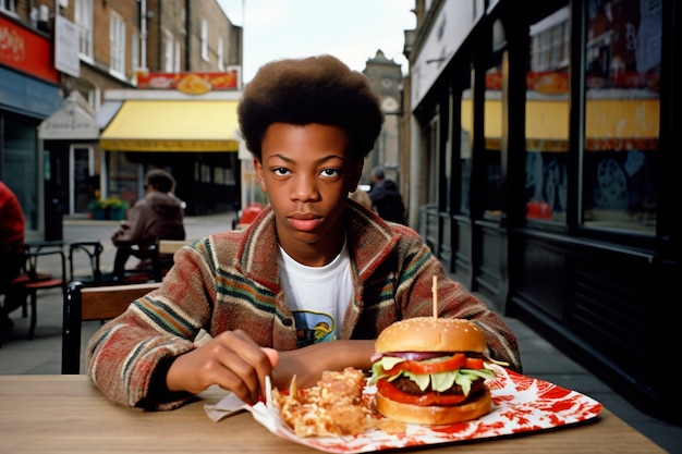 Bezpłatne zdjęcie fotorealistyczny chłopiec z hamburgerem