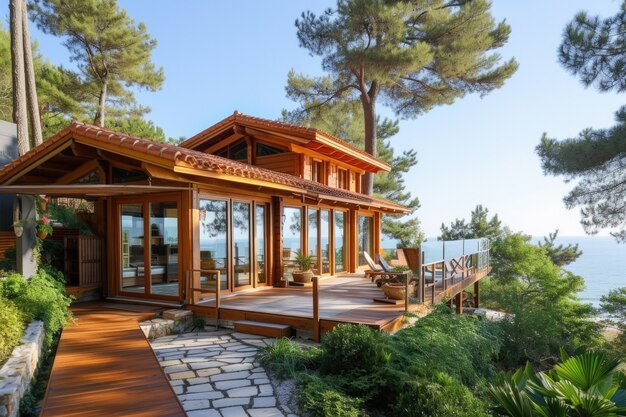 Fotorealistyczny drewniany dom z drewnianą konstrukcją
