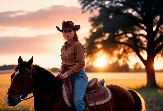 Bezpłatne zdjęcie fotorealistyczny portret kobiecej kowboji przy zachodzie słońca