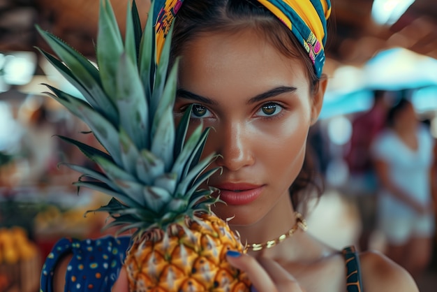 Bezpłatne zdjęcie fotorealistyczny portret osoby z ananasem