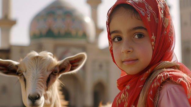 Fotorealistyczny widok muzułmanów z zwierzętami przygotowanymi do ofiarowania Eid al-Adha