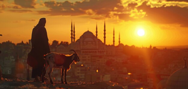 Fotorealistyczny widok muzułmanów z zwierzętami przygotowanymi do ofiarowania Eid al-Adha