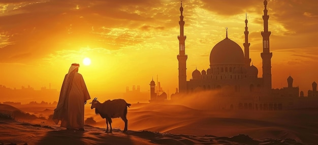 Fotorealistyczny widok muzułmanów z zwierzętami przygotowanymi do ofiarowania Eid al-Adha