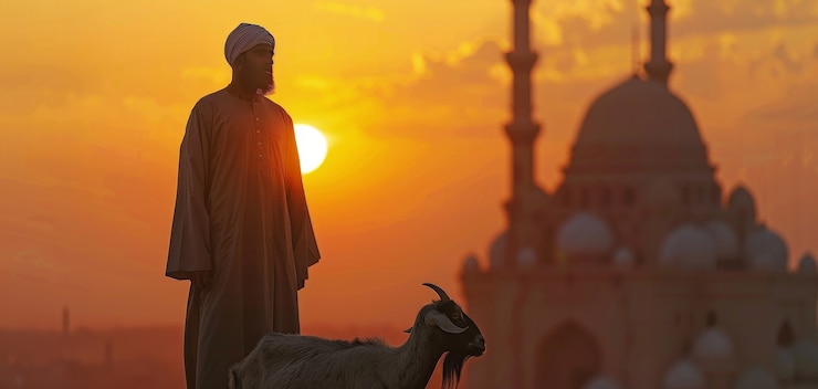 Bezpłatny plik Zdjęcie fotorealistyczny widok muzułmanów z zwierzętami przygotowanymi do ofiarowania eid al-adha
