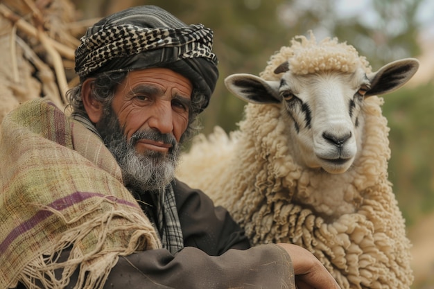 Fotorealistyczny widok muzułmanów z zwierzętami przygotowanymi do ofiarowania Eid al-Adha