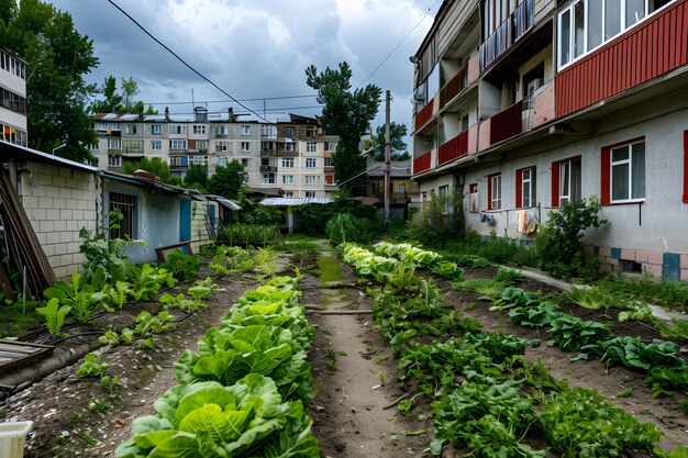 Fotorealistyczny, zrównoważony ogród z roślinami uprawianymi w domu