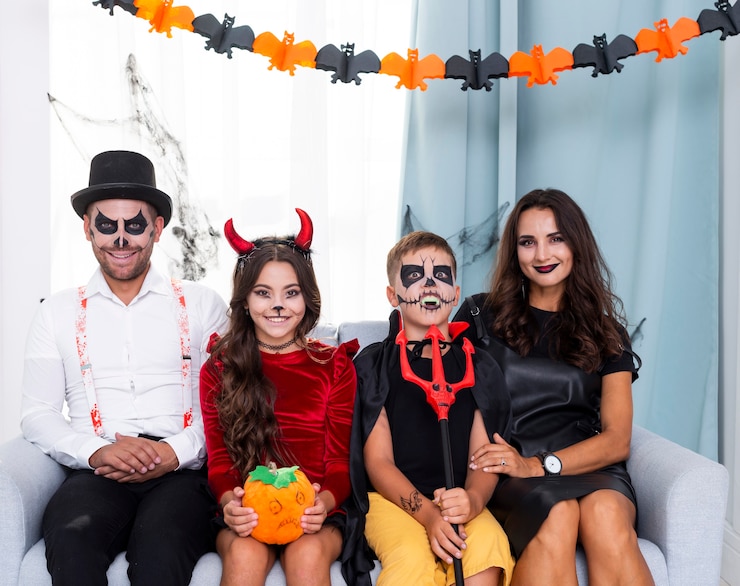 Bezpłatny plik Zdjęcie frontowego widoku rodzina pozuje dla halloween