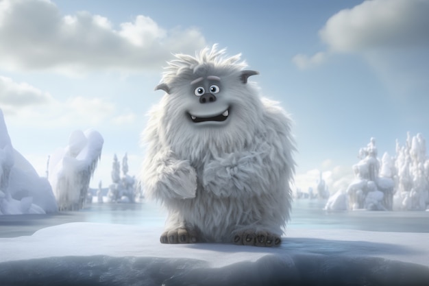 Bezpłatne zdjęcie furry yeti postać w zimowym krajobrazie