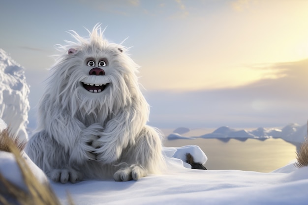 Bezpłatne zdjęcie futrzany yeti postać w zimowym krajobrazie