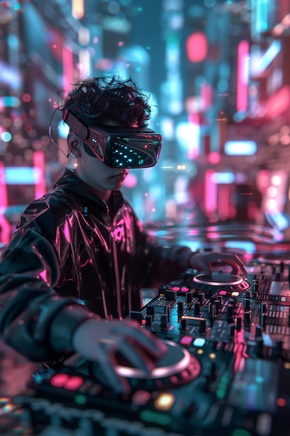 Bezpłatne zdjęcie futuristic set with dj in charge of music using virtual reality glasses