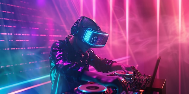 Bezpłatne zdjęcie futuristic set with dj in charge of music using virtual reality glasses