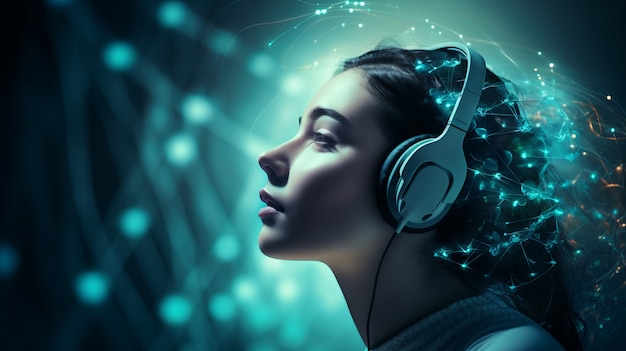 Bezpłatne zdjęcie futuristyczna osoba słuchająca muzyki na ultramodernnych słuchawkach