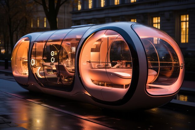 Futuristyczny środek transportu w ultra nowoczesnym mieście