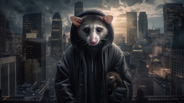 Futuristyczny styl opossum noszący ubrania