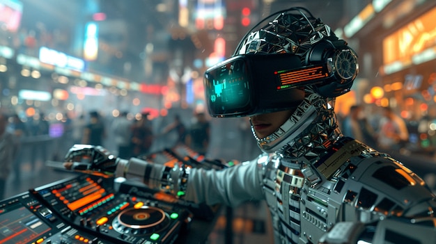 Futuristyczny zestaw z DJ-em odpowiedzialnym za muzykę za pomocą okularów wirtualnej rzeczywistości