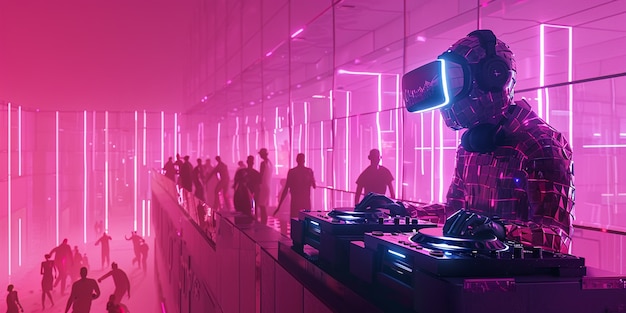 Bezpłatne zdjęcie futuristyczny zestaw z dj-em odpowiedzialnym za muzykę za pomocą okularów wirtualnej rzeczywistości