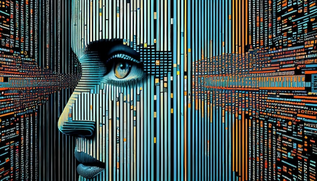 Futurystyczna grafika komputerowa świecącej ludzkiej twarzy generatywnej sztucznej inteligencji