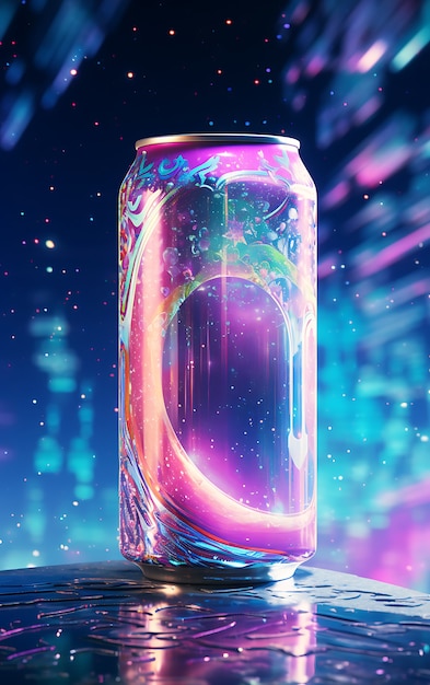 Futurystyczna, jaskrawo kolorowana puszka na gazowane napoje