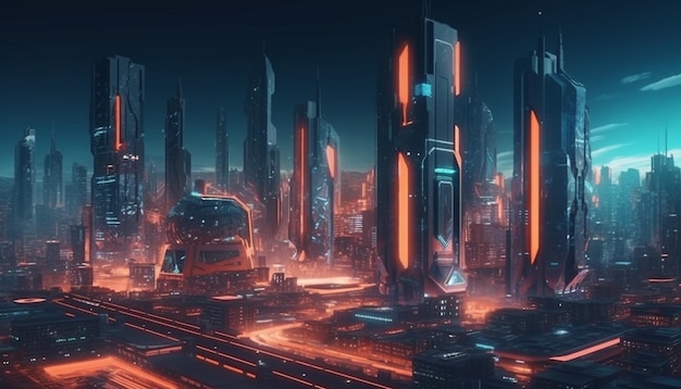 Futurystyczna linia horyzontu świeci w ciemnej nocy Dubaju wygenerowanej przez sztuczną inteligencję