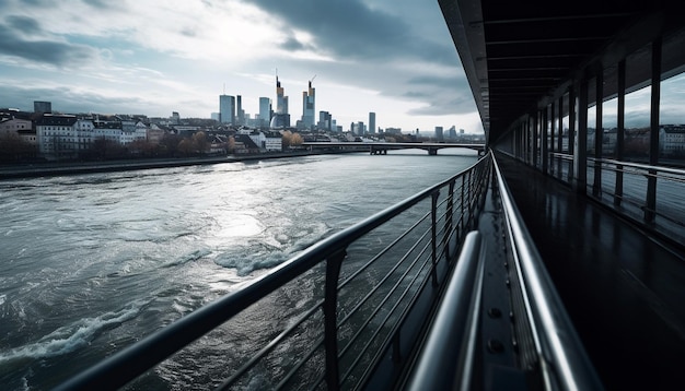 Bezpłatne zdjęcie futurystyczna panorama miasta odbija się od błękitnej wody generowanej przez sztuczną inteligencję