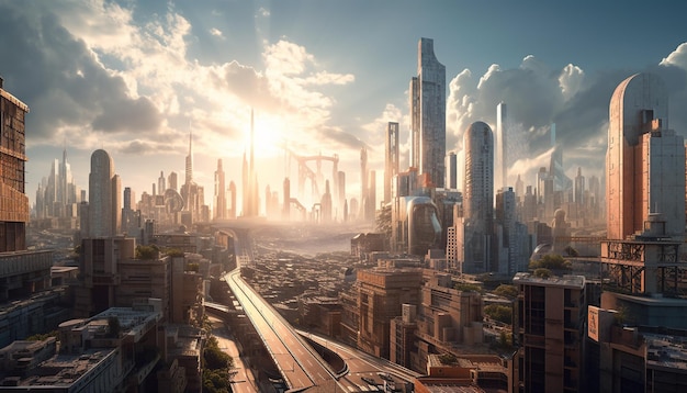 Futurystyczna panorama miasta oświetlona nocnymi światłami generowanymi przez sztuczną inteligencję
