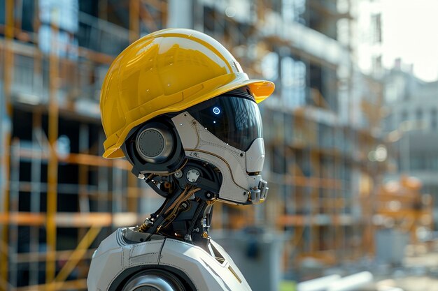 Futurystyczna scena z zaawansowanym technologicznie robotem używanym w przemyśle budowlanym