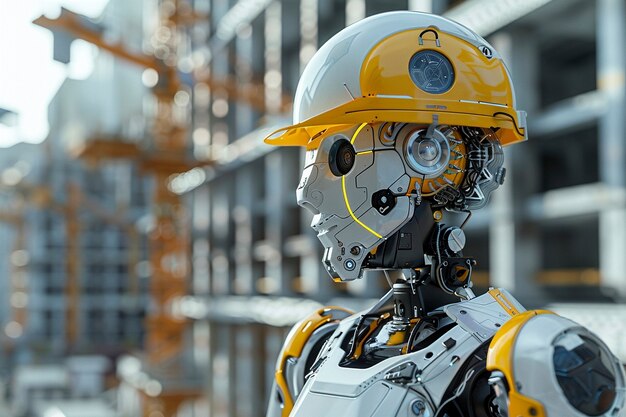 Futurystyczna scena z zaawansowanym technologicznie robotem używanym w przemyśle budowlanym