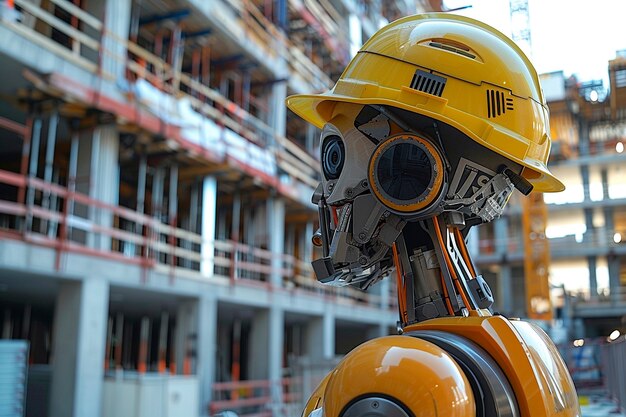 Futurystyczna scena z zaawansowanym technologicznie robotem używanym w przemyśle budowlanym