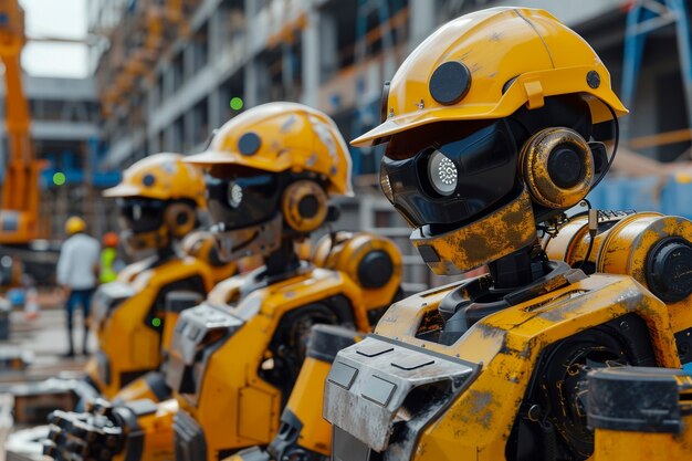 Futurystyczna scena z zaawansowanym technologicznie robotem używanym w przemyśle budowlanym