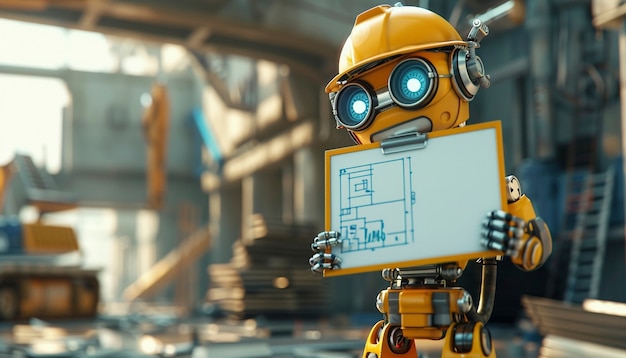 Futurystyczna scena z zaawansowanym technologicznie robotem używanym w przemyśle budowlanym