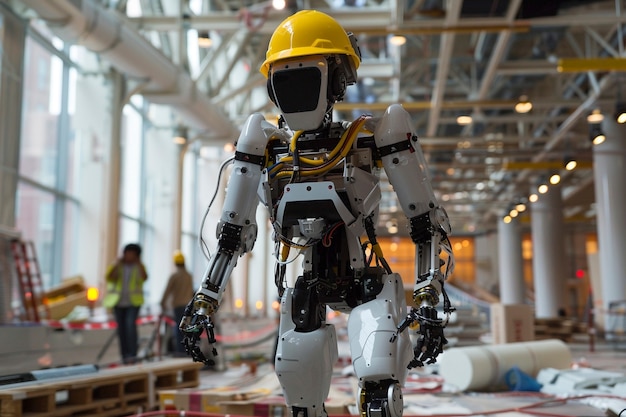 Futurystyczna scena z zaawansowanym technologicznie robotem używanym w przemyśle budowlanym