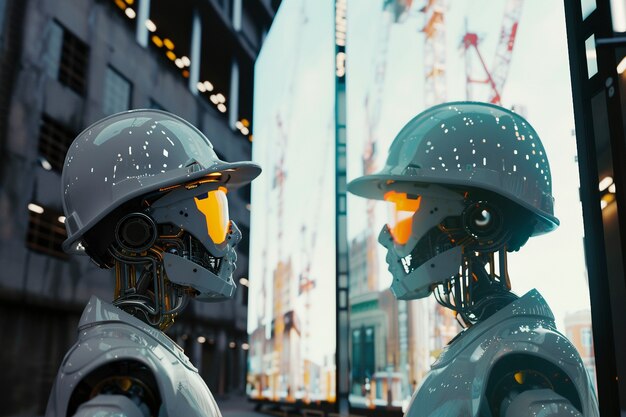 Futurystyczna scena z zaawansowanym technologicznie robotem używanym w przemyśle budowlanym