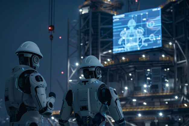Futurystyczna scena z zaawansowanym technologicznie robotem używanym w przemyśle budowlanym
