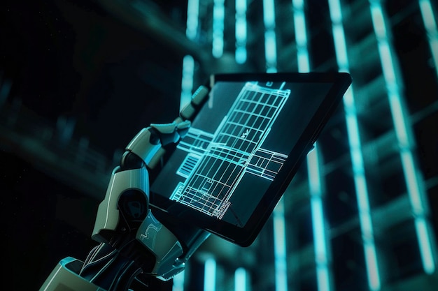Futurystyczna scena z zaawansowanym technologicznie robotem używanym w przemyśle budowlanym