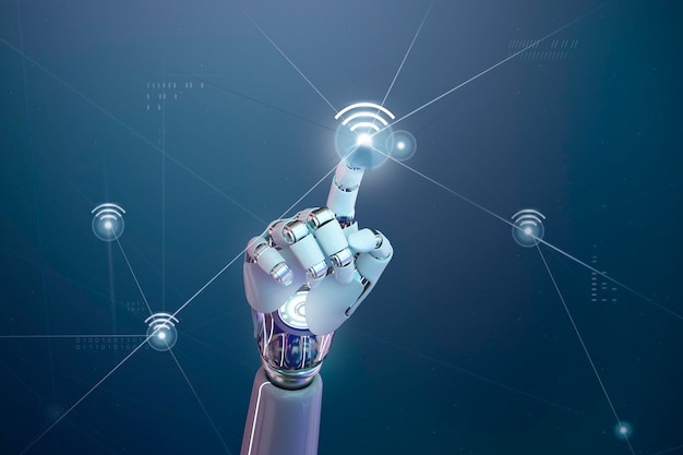 Bezpłatne zdjęcie futurystyczna sieć bezprzewodowa 5g, ręcznie dotknij ikony wifi robota ai