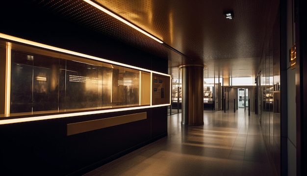 Futurystyczna stacja metra oświetlona nowoczesnym pustym ruchem generowanym przez sztuczną inteligencję