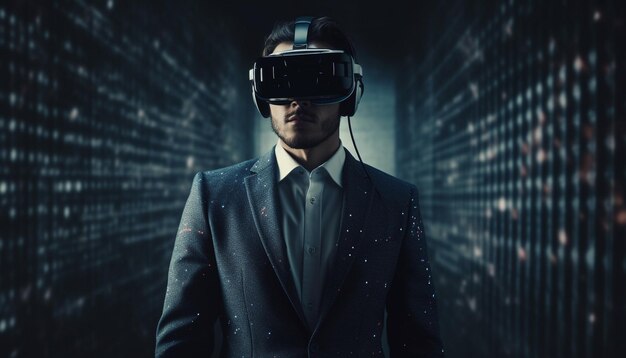 Futurystyczny biznesmen w sukcesie symulatora rzeczywistości wirtualnej generowanym przez AI