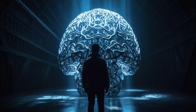 Futurystyczny biznesmen wskazujący na świecący abstrakcyjny mózg generowany przez AI