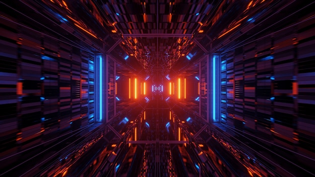 Futurystyczny korytarz tunelu z neonowymi światłami, renderowanie 3D