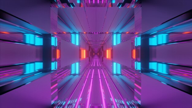 Futurystyczny korytarz tunelu ze świecącymi neonami, tapetą w tle renderowania 3D