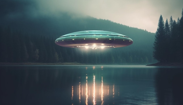 Bezpłatne zdjęcie futurystyczny statek kosmiczny lewituje nad świecącym lasem w tajemniczej galaktyce wygenerowanej przez sztuczną inteligencję