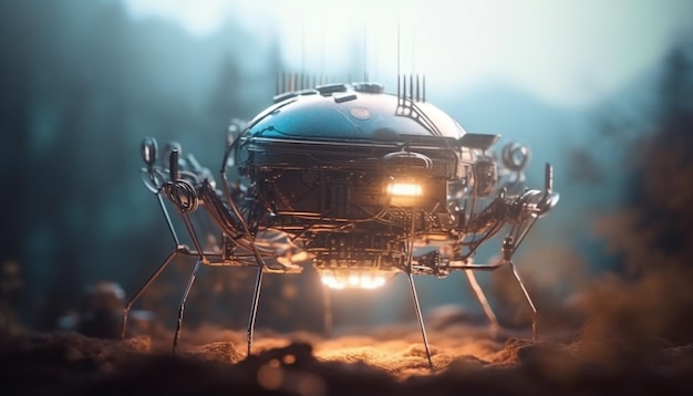 Bezpłatne zdjęcie futurystyczny zrobotyzowany statek kosmiczny leci przez galaktykę napędzany zaawansowaną technologią generowaną przez sztuczną inteligencję