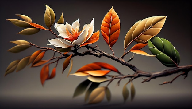 Gałąź drzewa liściastego w żywych jesiennych kolorach generowanych przez sztuczną inteligencję