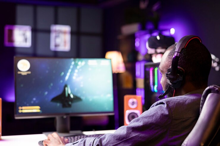 Bezpłatny plik Zdjęcie gamer porusza się po wszechświecie w grze rozmawiając z przyjaciółmi za pomocą słuchawek