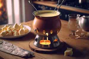Bezpłatne zdjęcie garnek z fondue stoi na stole obok talerza z serem i masłem.