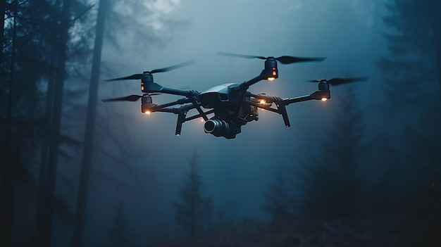 Generative AI dron wykonuje lot zwiadowczy w lesie